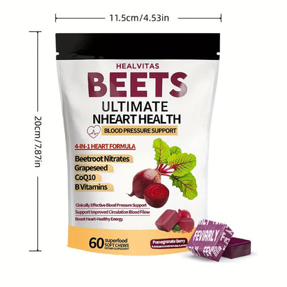 Beetroot Gummies with CoQ10 & Multi-Vitamins — 4-in-1 Heart Health & Blood Pressure Support Supplement | Pomegranate Flavor Chewable Gummies for Cardiovascular Wellness, Circulation & Energy | 60 Gummies 30-Day Supply | 1 or 3 Pack