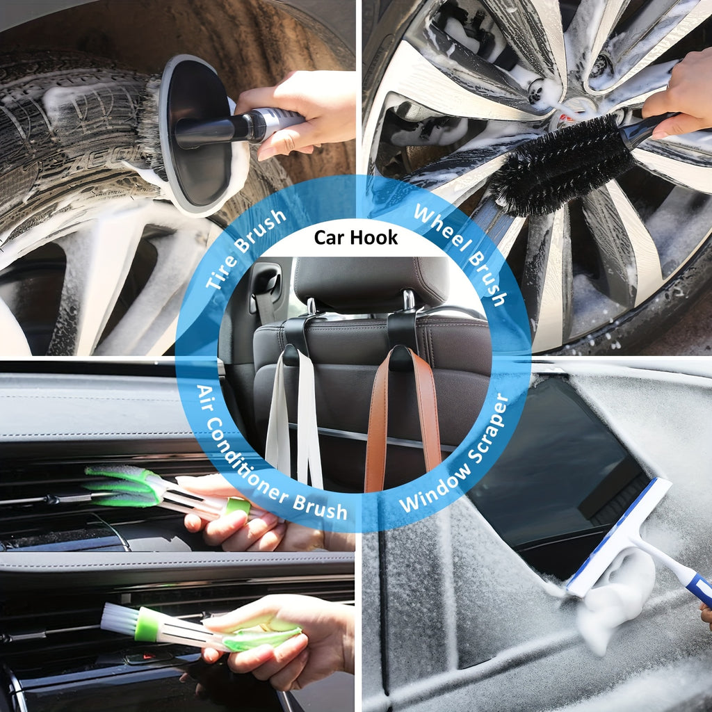 19pcs/41pcs Car Cleaning Wash Interior Detailing Cleaner with High Power Handheld Vacuum, Collapsible Bucket, Windshield Tool, Clean Snow Shovel, Tire Brush, Complete Car Care Tools