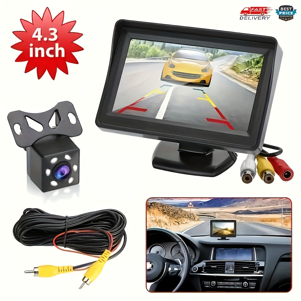 Car Rearview Mirror HD Parking System Night Vision 4.3 Inch Display 6 LED Light HD Reversing Rearview Mirror Kit with Wide Angle Lens for Safe Parking And Reverse Driving - Perfect for Cars, Pickups, SUVs, No Battery