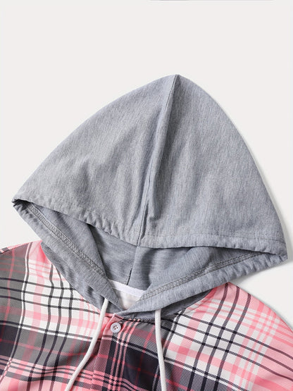 Men's Plaid Long Sleeve Hooded Shirt - Stretch