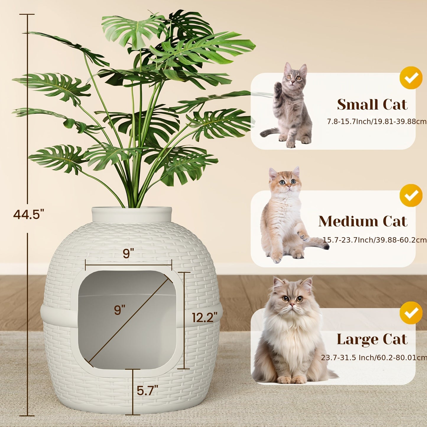 Hidden Litter Box Enclosure with Rattan Plant Design - Large Cat Litter Box Furniture, Waterproof PP, Easy Assembly, Odor Control Indoor Cat Cabinet, Off-White & Pink, Stylish Home Decor