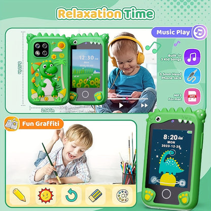 Kids Toy Smart Phone with HD Touchscreen & Dual Camera – 8GB Storage Dinosaur Play Phone | Educational Travel Toy for Boys & Girls Ages 3-10, Birthday Halloween & Christmas Gift | Green Blue Pink Purple