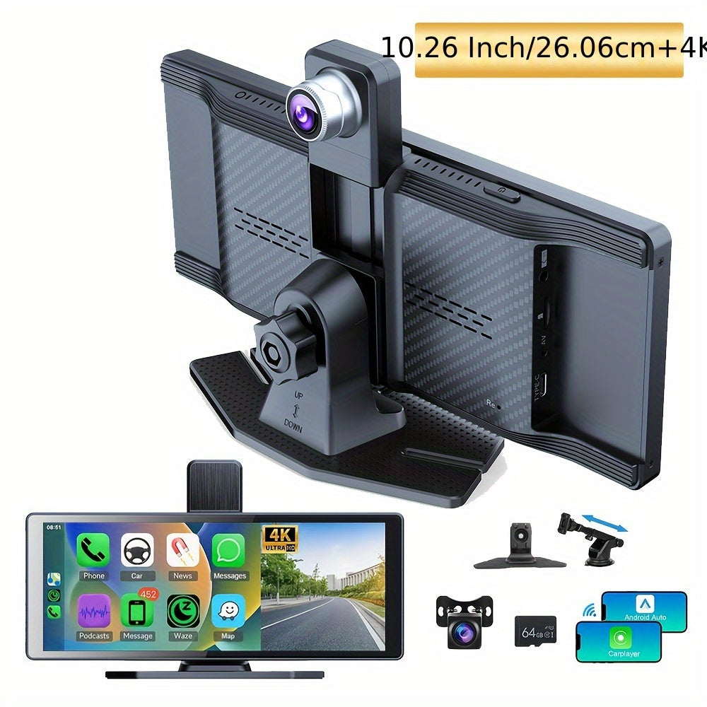 Cinandrow Wireless Carplay Touchscreen With 4K Dash Cam, 10.26" Portable Apple Carplay & Android Auto Car Stereo, Carplay Screen With 2160p Backup Camera, GPS Navigation/Mirror Link/Voice Control/Bt