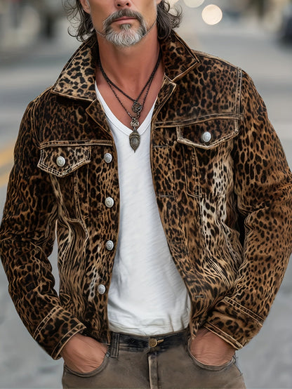Men's Relaxed Denim Leopard Print Coat