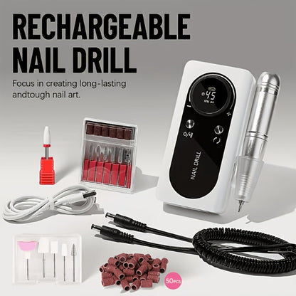 Nail Drill 45000 RPM LCD Display Adjustable Speed Cordless Electric Nail File Low Noise Manicure Machine Buffing Polishing Tool Set for Salon Home Women Nail Techs Pink White Purple