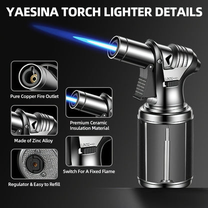 Big Tank Kitchen Butane Torch Lighter Adjustable Flame & Safety Lock - Refillable Blow Torch with Refill Adapters for Creme Brulee, BBQ, Desserts & Baking | Butane Not Included
