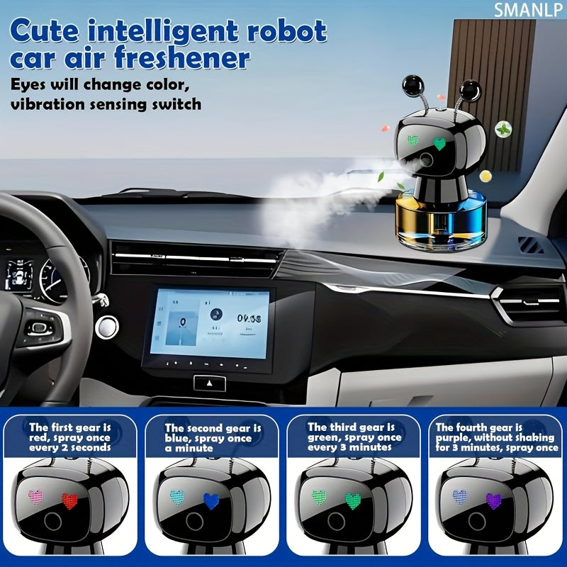 This Is a Stylish Car Accessory That Functions As a Smart Air Freshener in The Shape of an AI Robot. It Features USB Charging, an Automatic Fragrance Spray System That Activates When The Car Starts And Stops