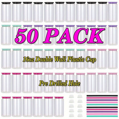 Clear Plastic Snow Globe Tumblers 16oz Double Wall Bulk Set 25 or 50 Cups Pre-Drilled Hole Colored Lid Straw for Iced Coffee Boba Soda Party DIY Customization