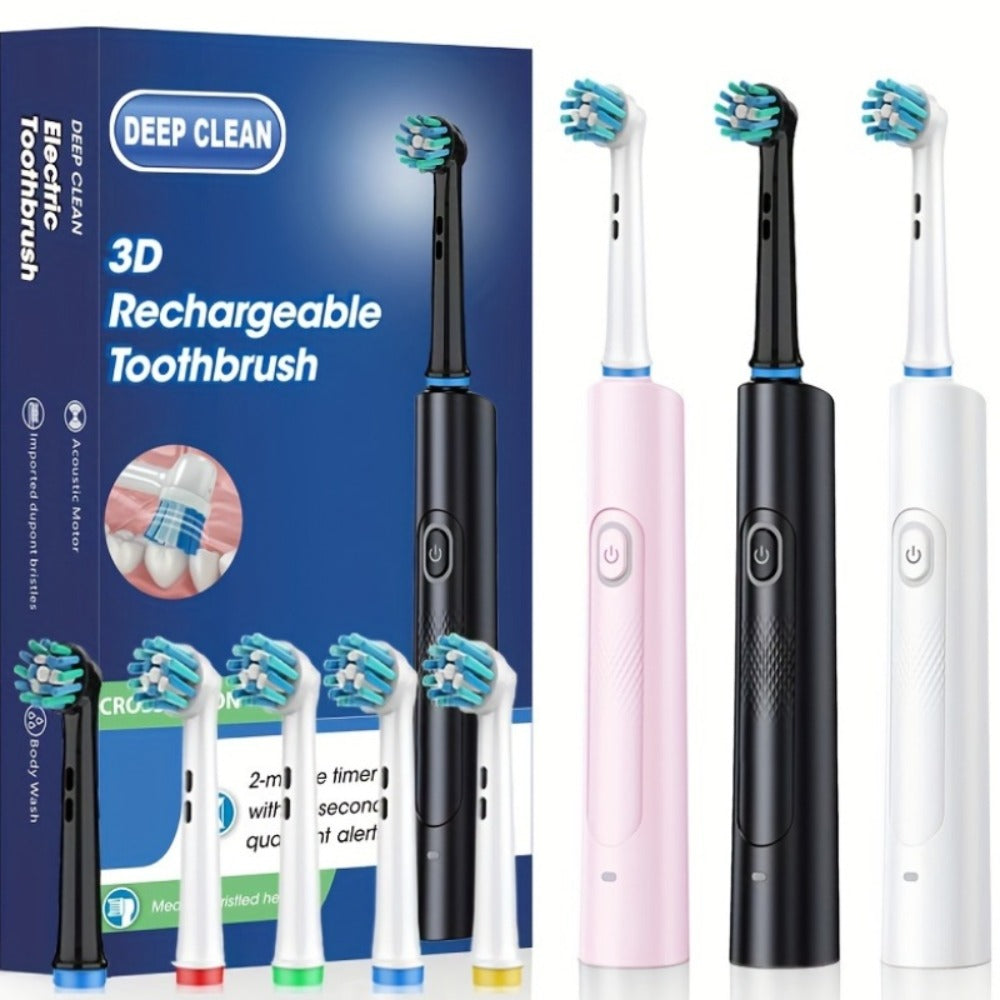 Electric Toothbrush with Smart Timer – Sonic Whitening, 3D Round Soft Bristle Head, IPX67 Waterproof, USB Rechargeable, 4 or 8 Brush Heads, Black White Pink for Adults, Couples & Families