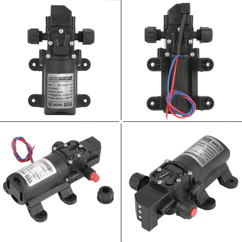 12V DC High Pressure Diaphragm Water Pump 70W Self Priming Pump 6L/Min 0.9MPA Portable Booster Pump for RV Caravan Boat Sprayer Cooling Welding Drill Cleaning Water Transfer