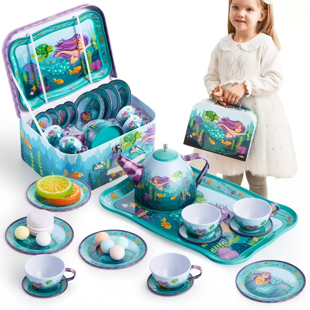 Mermaid Tea Party Set for Girls 21pcs – Tin Teapot, 4 Cups, Saucers, Plates & Carrying Case | Pretend Play Kitchen Toy for Toddlers, Birthday & Christmas Gift for Girls Ages 3 4 5 6