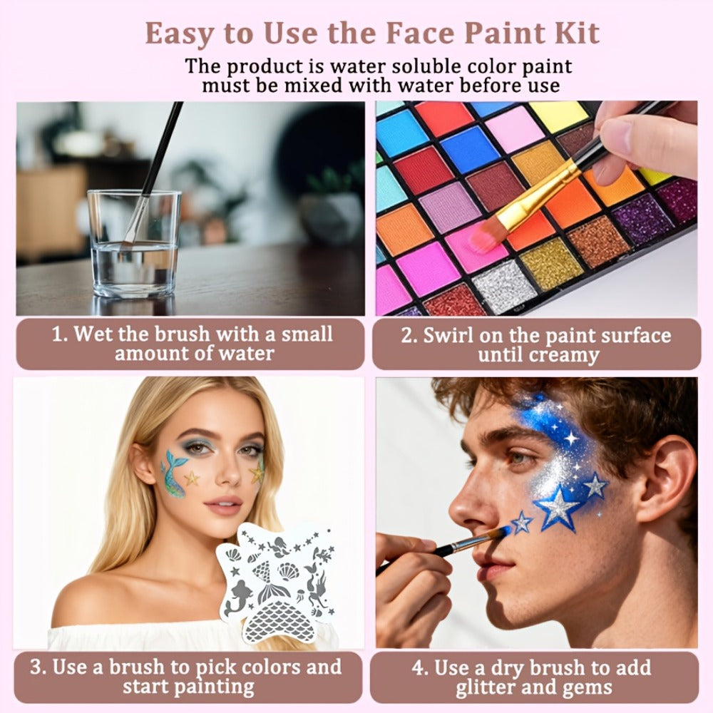54 Color Face & Body Paint Kit with UV Fluorescent, Matte & Glitter Shades — Pattern Templates, Brushes & Tattoo Stickers for Sports, Cheerleading, Halloween, Festivals & Parties