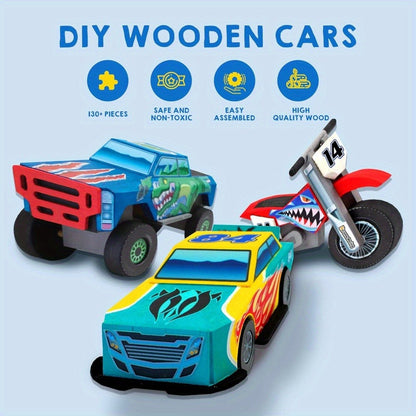 Build and Paint Wooden Vehicle Kit for Kids 144 Pieces – Race Car Motorcycle Monster Truck, 12 Colors 3 Brushes Racing Decals, STEM Craft Gift for Boys Ages 6 7 8 9 10