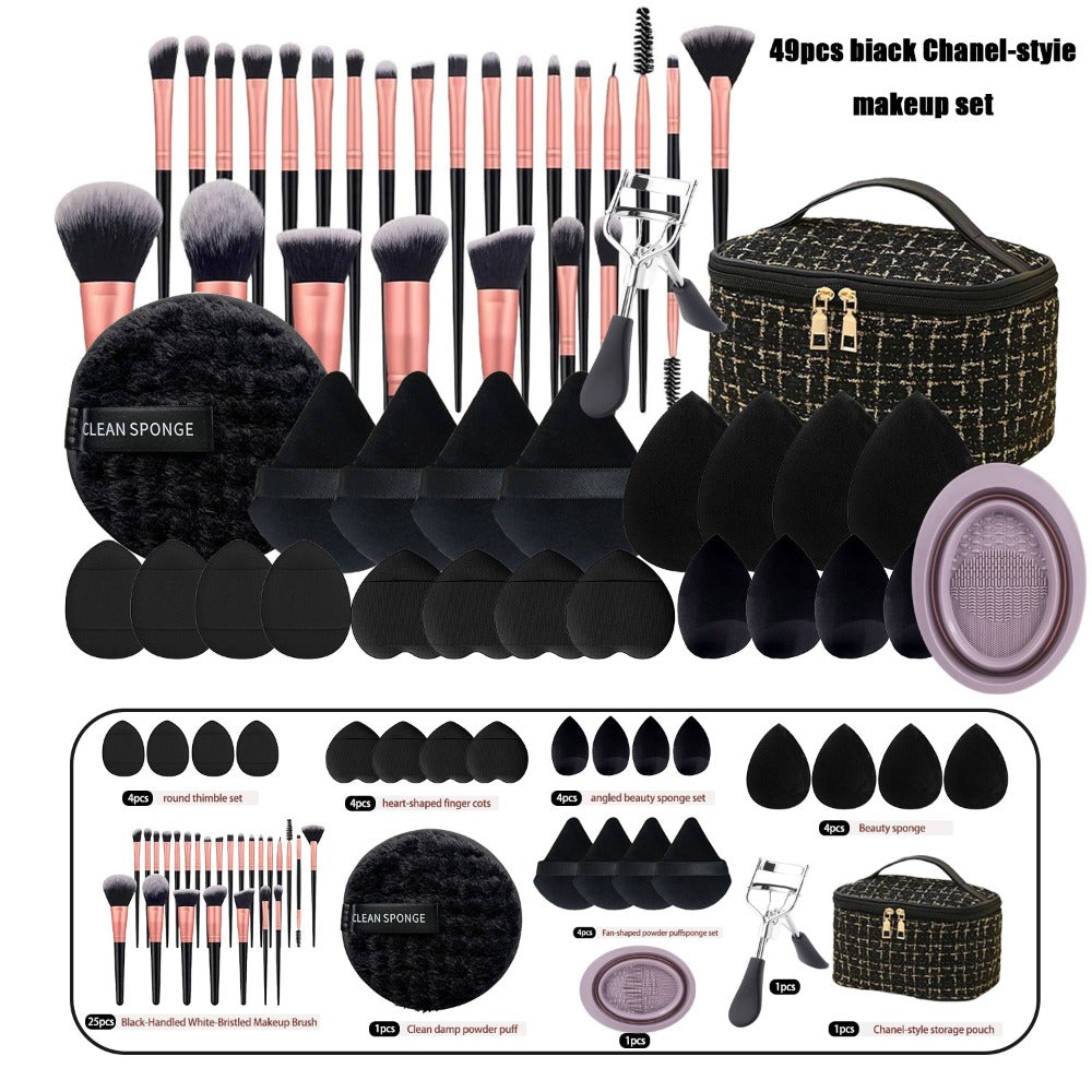 49Pcs Professional Makeup Brush Set Super Soft Nylon Bristles with Expandable Storage Box Concealer Contour Sponge Eyeshadow Powder Highlight Blending Kit Wet Dry Use Women Black Milky White