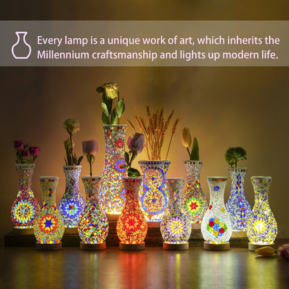 Mosaic Vase Lamp Turkish Moroccan Handmade Colorful Glass Table Lamp with Wooden Base – USB Plug-In Boho Night Light, Flower Vase Lamp for Bedroom Living Room Decor, Bohemian Mosaic Desk Lamp Gift