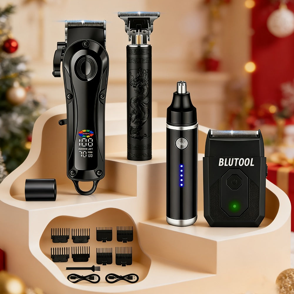Hair Clipper & Trimmer Set 4-Piece for Men — Professional Barber Kit with Nose Trimmer, Detail Trimmer, Guide Comb, LED Display & USB Rechargeable, Home & Travel Grooming Gift