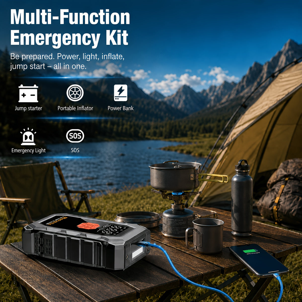 15000A-18000A Peak Jump Starter with Air Compressor, 12V Car Battery Charger, 150 PSI Fast Tire Inflator, All-in-One Emergency Power Bank, LED Flashlight, USB Output, Heavy Duty Jump Starter for Gas & Diesel Cars, SUV, Truck, Roadside Rescue Kit.