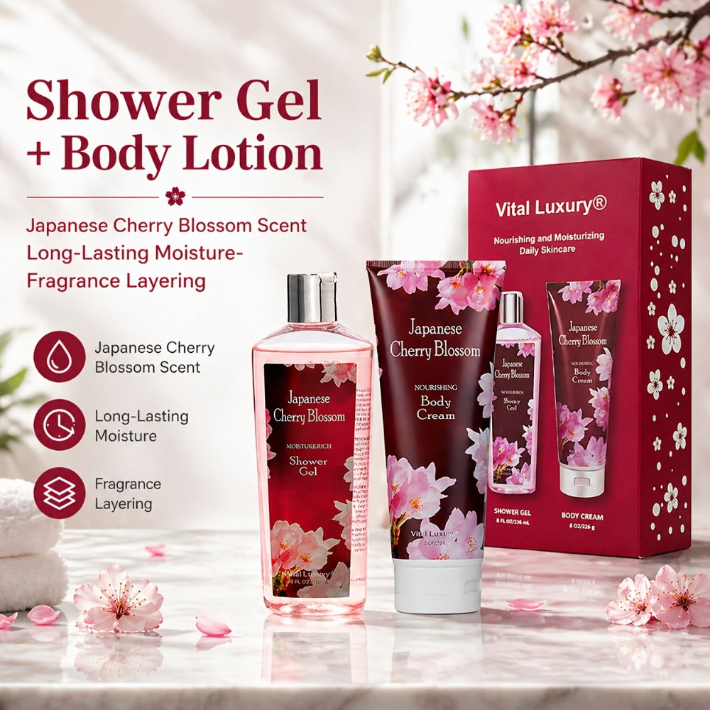 Cherry Blossom Body Wash Set for Women 8oz – Moisturizing Body Cream & Shower Gel Gift Set Light Non-Sticky Long-Lasting Floral Scent All Skin Types Valentine's Day Mother's Day Birthday Gift