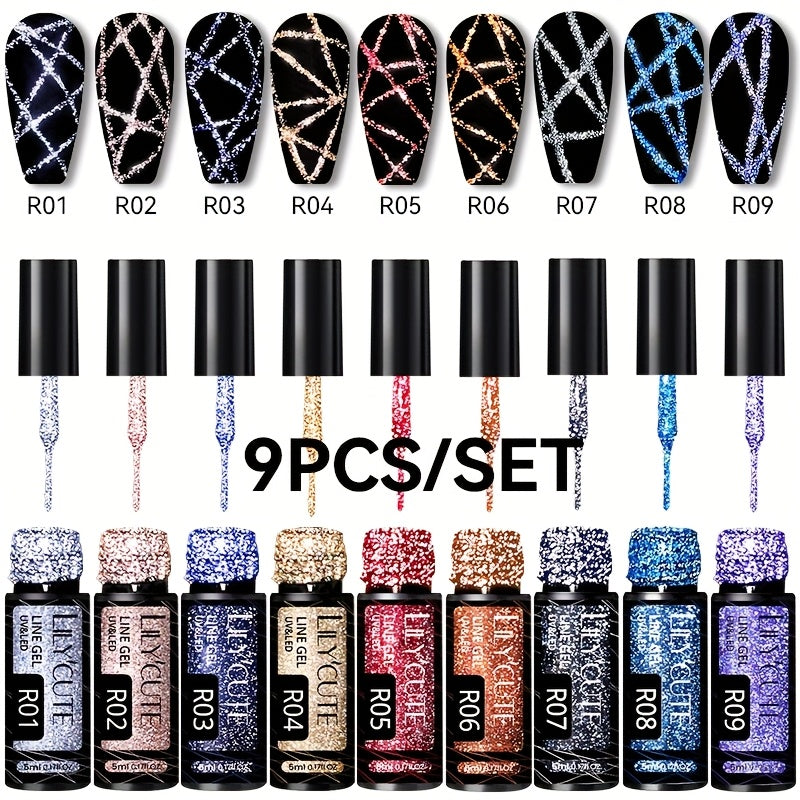 Reflective Glitter Line Gel Nail Polish 9pcs Set – LED Cure Stripe Liner Pull Line Graffiti Sparkling Nail Art Kit for Salon & DIY Home Manicure, 5ml Each Long Lasting Chip Resistant