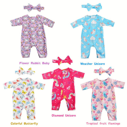 5-Pack Baby Doll Outfits Romper Clothes Set with Headbands for 14-16 Inch 43cm Newborn Dolls Girls Gift Ages 3+ Butterfly Unicorn Rainbow Bunny Flamingo Soft Fabric Dress Up (No Doll)