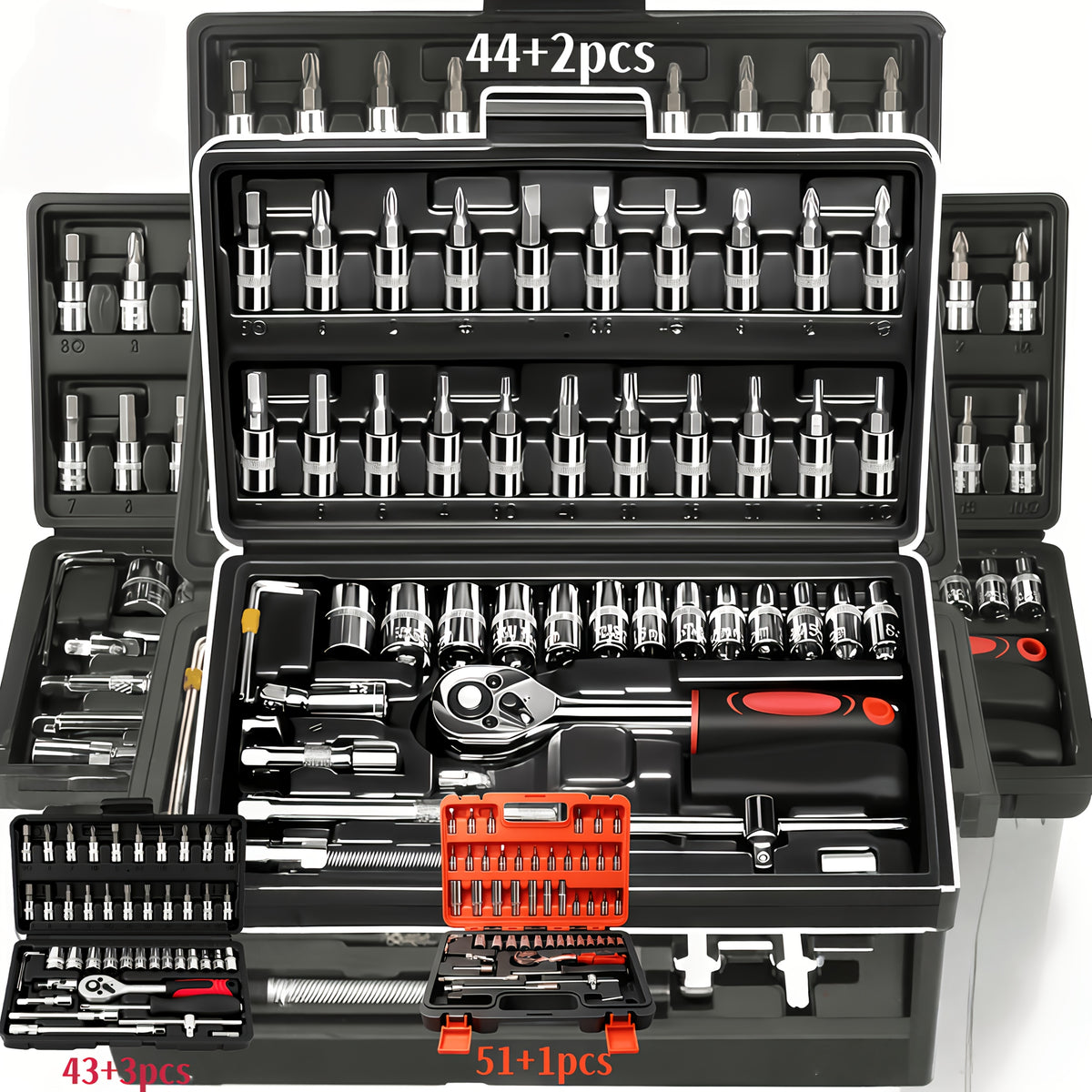 High-end Professional 43+3/44+2/51+1pc Of Tools, Car/icycle Repair Mechanical Set, Including 1/2 Inch 1/4 Inch 3/8 Inch Ratchet Socket Hex Wrench And Other Car Repair Accessories Tool Set, Suitable for Car Level Car Parts Repair.