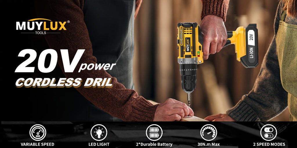 20V Cordless Drill Set, Impact Power Drill with 3/8 Inch Keyless Chuck, 18+3 Clutch Electric Drill with Work Light, Max Torque 45Nm, 2-Variable Speed And 2.0AH Batteries And Fast Charger