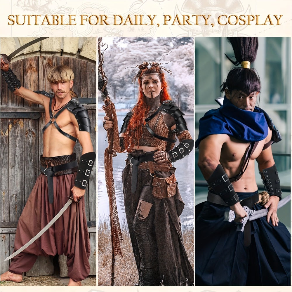 Medieval Knight Costume Set 4pcs PU Leather Shoulder Armor Cape Arm Guards & Belt for Men – Viking Warrior LARP Cosplay Halloween Renaissance Faire Prop, Black
