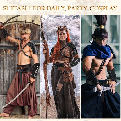 Medieval Knight Costume Set 4pcs PU Leather Shoulder Armor Cape Arm Guards & Belt for Men – Viking Warrior LARP Cosplay Halloween Renaissance Faire Prop, Black