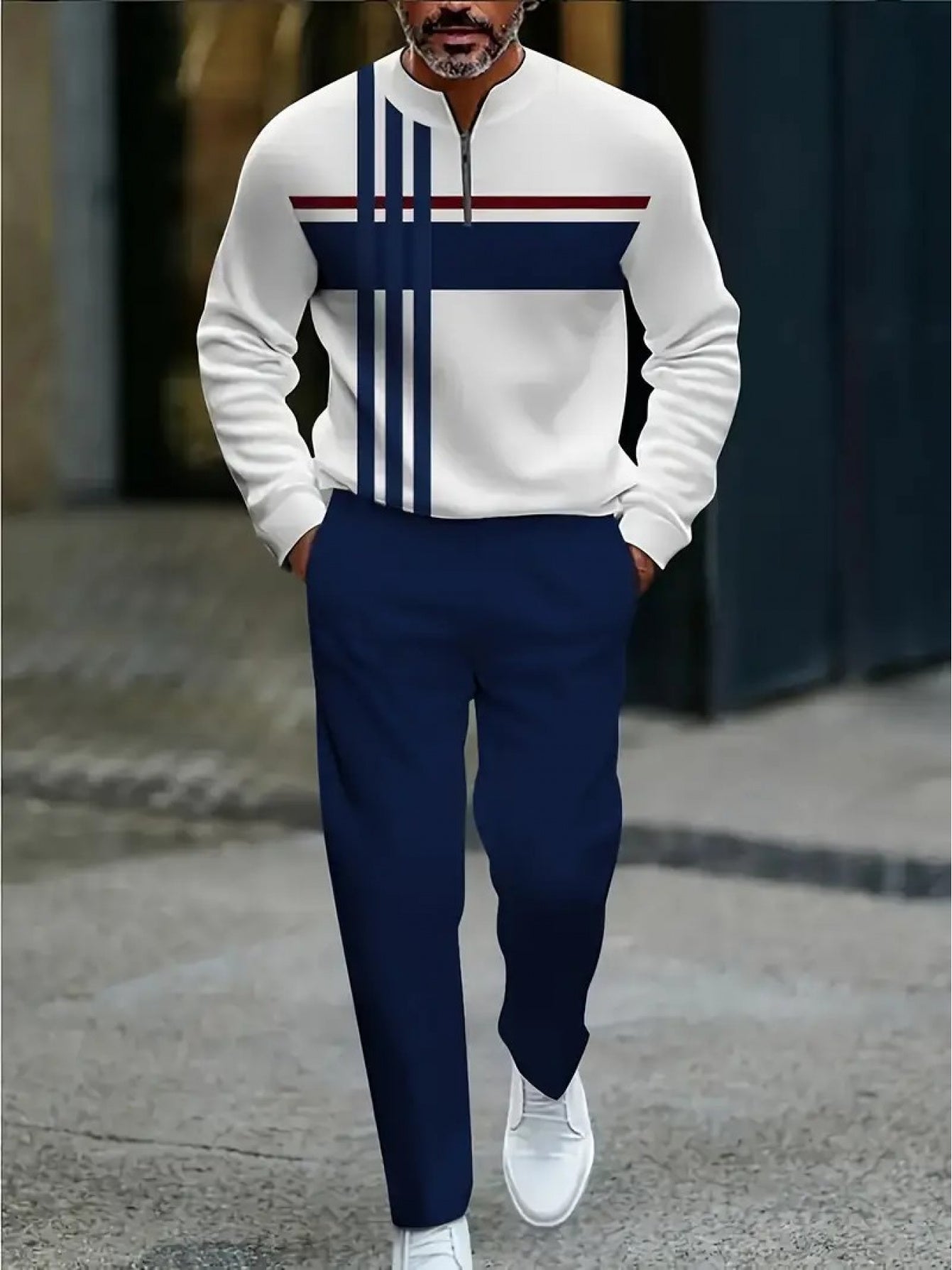 Men's Tracksuit Jacket and Pants Set - Geometric Print Cold-Weather Style