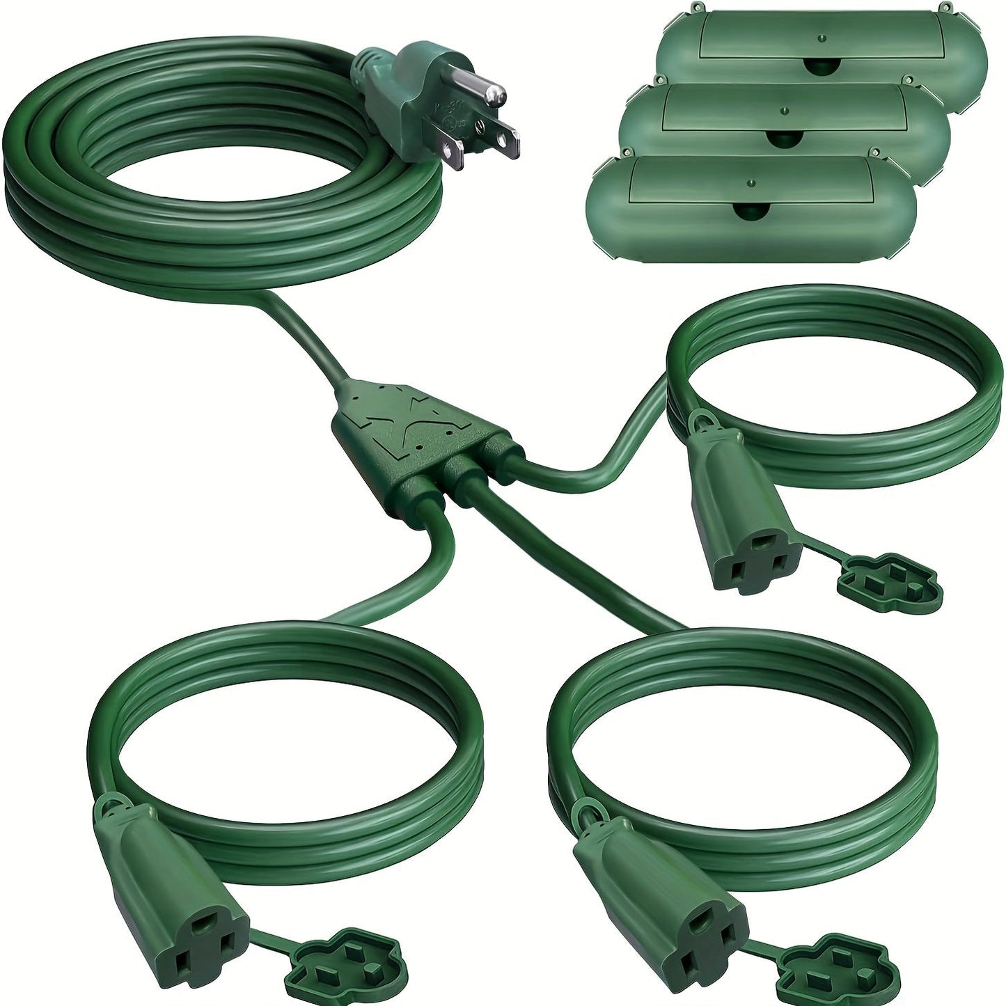 Extension Cord Splitter 1 to 3 Outlets 25FT 50FT 16/3 SJTW Pure Copper Core UV-Resistant PVC Jacket 3 Grounded Outlets for Holiday Decoration Christmas Lights Outdoor Indoor Patio Garden Black Green