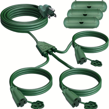 Extension Cord Splitter 1 to 3 Outlets 25FT 50FT 16/3 SJTW Pure Copper Core UV-Resistant PVC Jacket 3 Grounded Outlets for Holiday Decoration Christmas Lights Outdoor Indoor Patio Garden Black Green