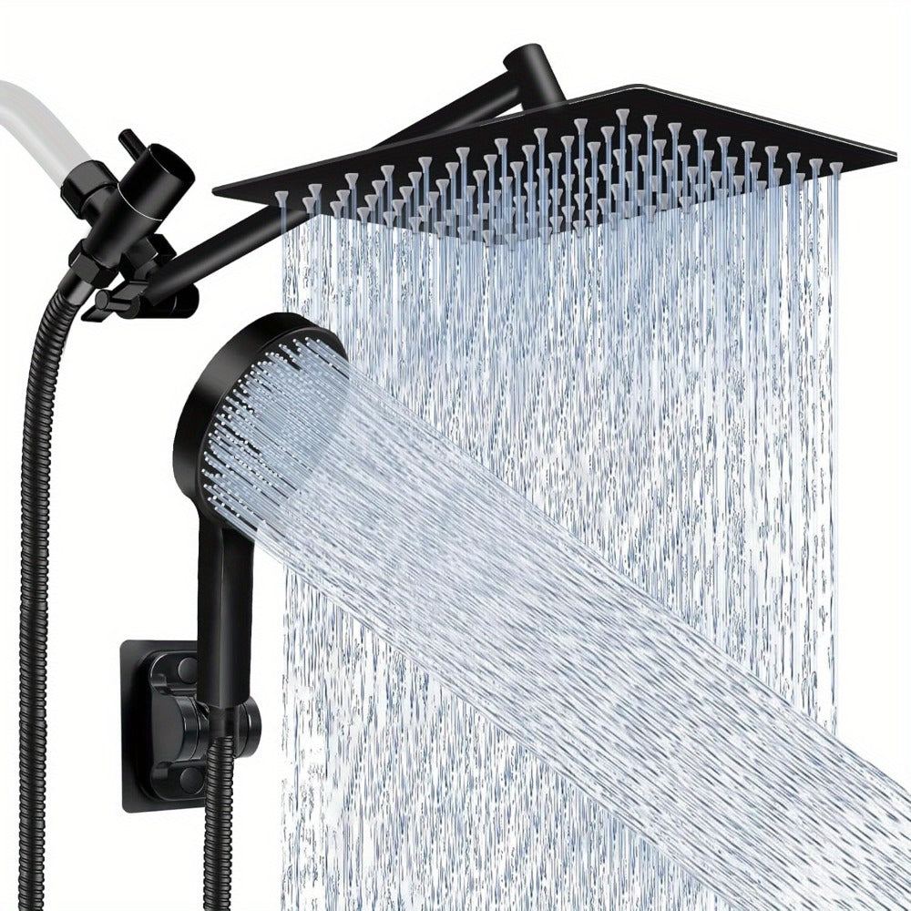 High Pressure Rainfall Handheld Shower Head Combo, 11-Inch Extension Arm, 9 Settings, 180° Adjustable, Anti-Leak with Holder, Chrome & Matte Black, 8/10/12 Inch