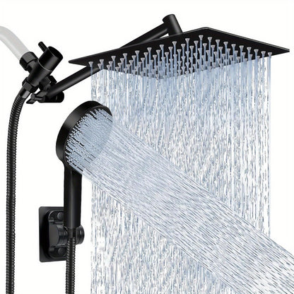 High Pressure Rainfall Handheld Shower Head Combo, 11-Inch Extension Arm, 9 Settings, 180° Adjustable, Anti-Leak with Holder, Chrome & Matte Black, 8/10/12 Inch