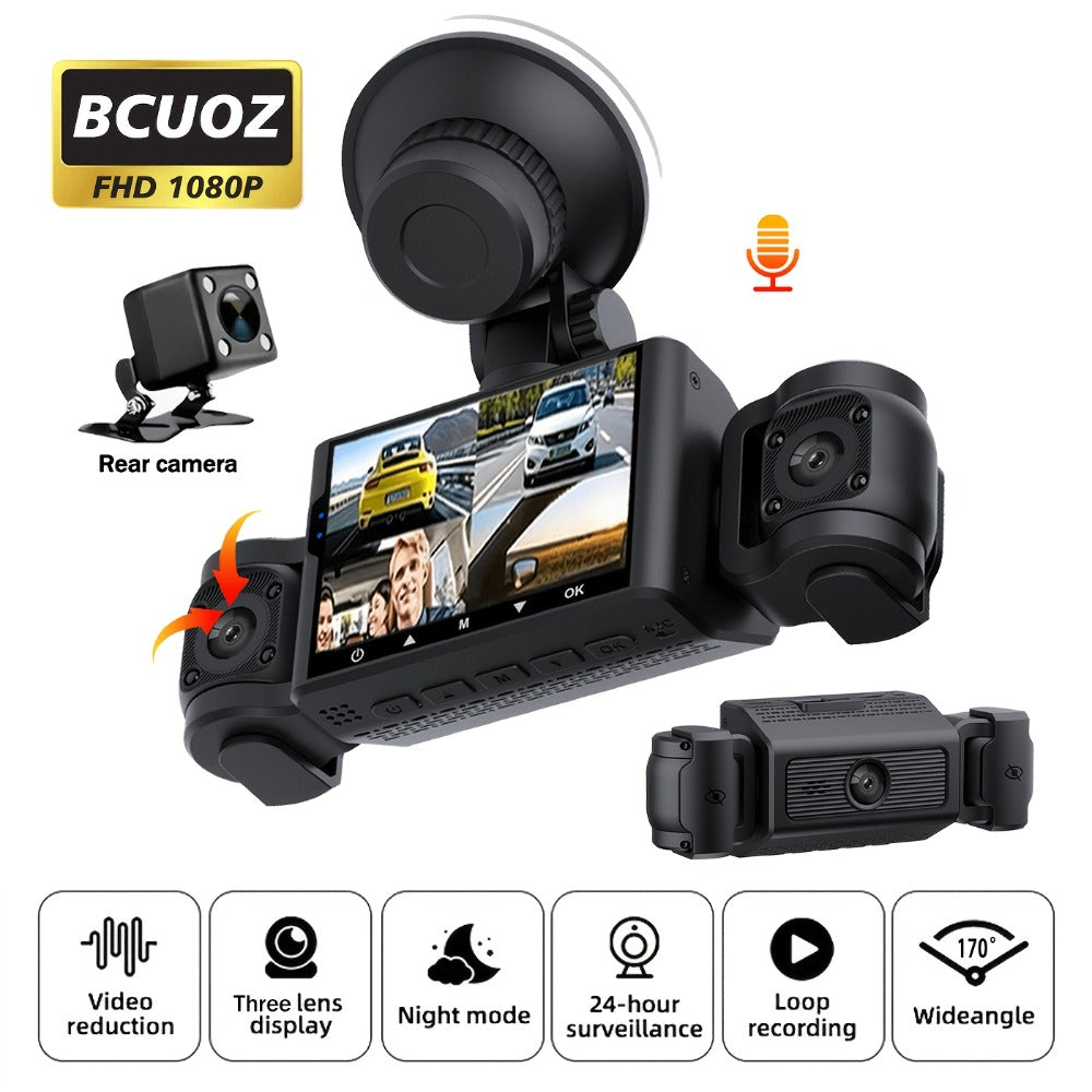 4-Channel 360° Dash Cam 1080P Front + 720P Rear Left Right All-Round Coverage, Quad-Screen Split Display, Night Vision, WDR, G-Sensor, Loop Recording – Optional 64GB Card