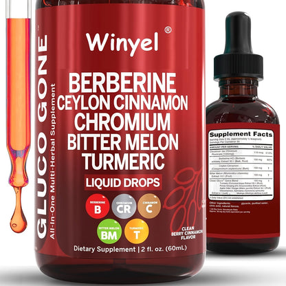 Blood Sugar Support Liquid Drops with Ceylon Cinnamon Berberine Bitter Melon Gymnema Chromium Turmeric Panax Ginseng — Vegan Glucose Metabolism Drops | 2.03 fl oz