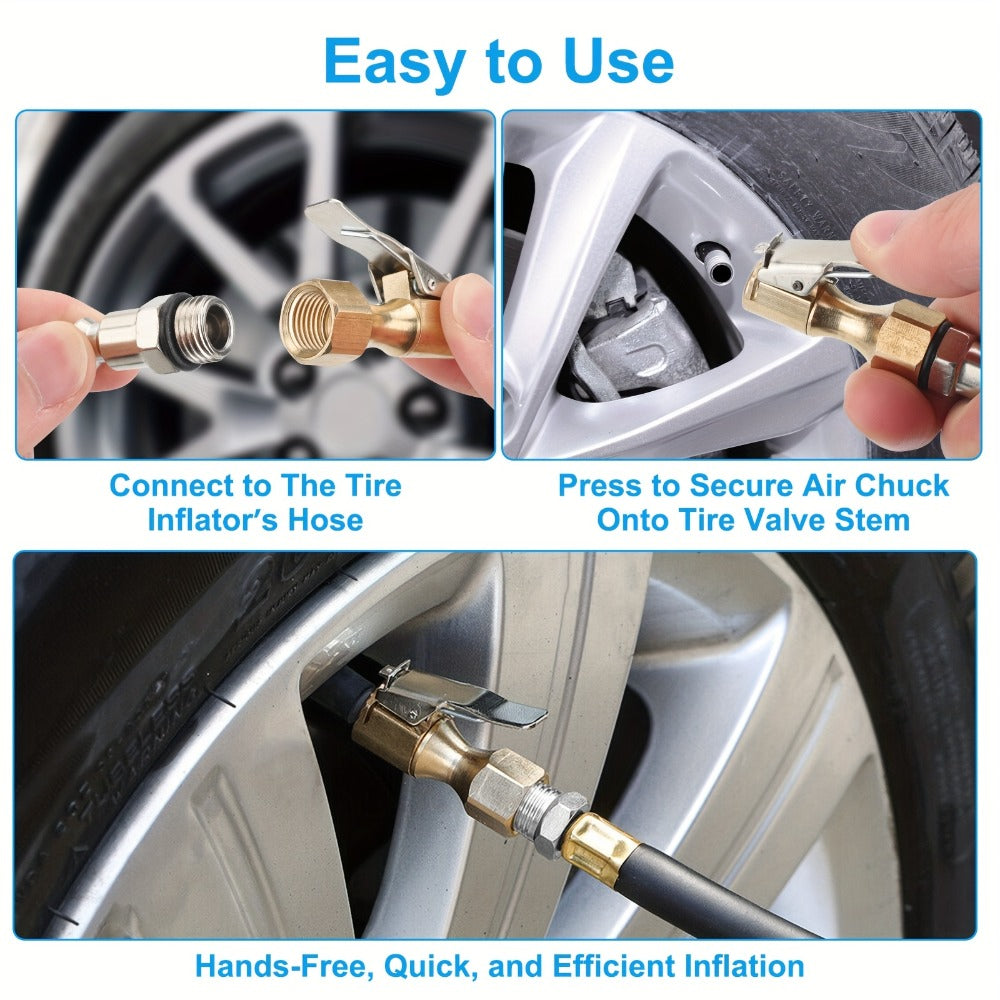 Air Chuck Lock-On Tire Inflator 3-Piece Set – Closed Flow Clip-On, 250 PSI, Schrader Valve Compatible, Heavy-Duty Copper for Car, Bike & Motorcycle