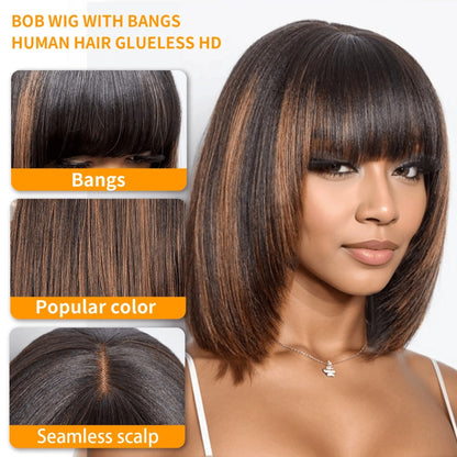 Straight Bob Wig with Bangs Human Hair 3x1 Lace Part Pre-Plucked Glueless Brazilian Short Bob 150 Density 1B/30 Highlight Natural Black 10-12 Inch Women
