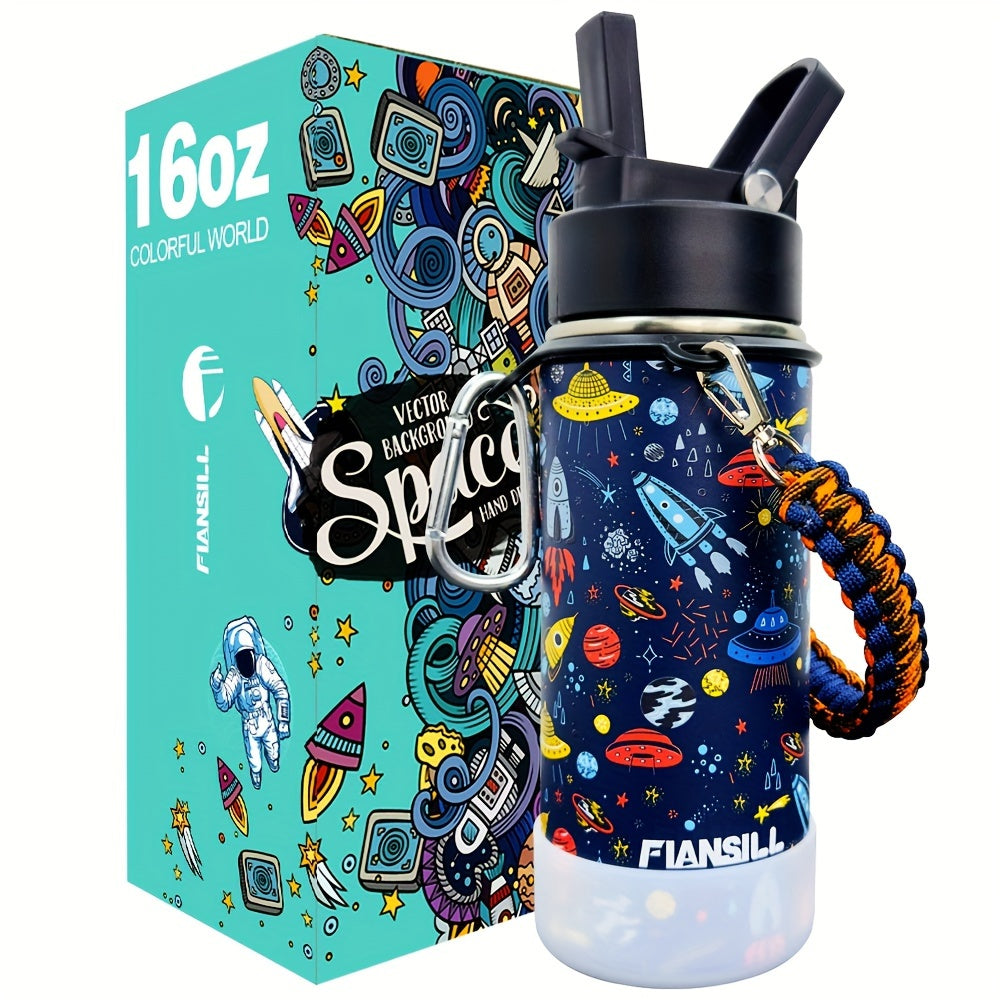Kids Insulated Water Bottle 16oz with 3D Print Design - Stainless Steel Vacuum Flask, Leak-Proof BPA-Free, One-Hand Lid, Woven Strap & Carabiner, Perfect Student Gift for Boys & Girls, 8 Fun Styles