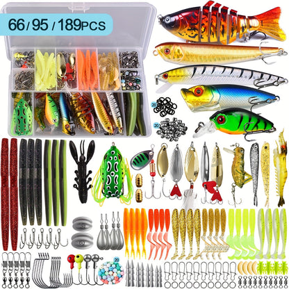 Fishing Lures Kit 66 / 95 / 189 Pcs – Complete Tackle Bait Set for Freshwater & Saltwater Bass Trout Fishing, Includes Spoons Spinners Soft Baits Hooks, Fishing Gear Gift for Men & Beginners