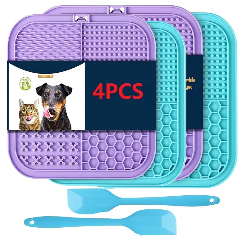 Licking Mat for Dogs and Cats with Suction Cup - Slow Feeder Boredom Buster Pad for Peanut Butter & Treats, Calming Bath & Grooming Aid, Available in 1pc 2pcs 4pcs Sets, Blue & Purple