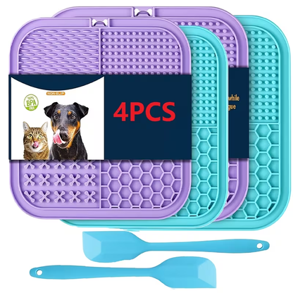 Licking Mat for Dogs and Cats with Suction Cup - Slow Feeder Boredom Buster Pad for Peanut Butter & Treats, Calming Bath & Grooming Aid, Available in 1pc 2pcs 4pcs Sets, Blue & Purple