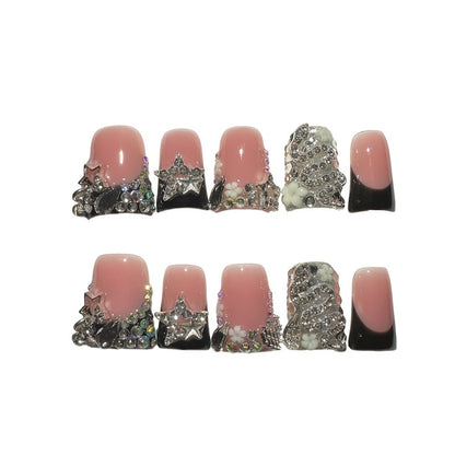 Short Press On Nails Black French Tip 10pcs Duckbill Silvery Snake Full Diamond Shiny Stars Handmade Reusable UV Protected Salon Quality for Wedding Party Birthday Gift False Nails S M L