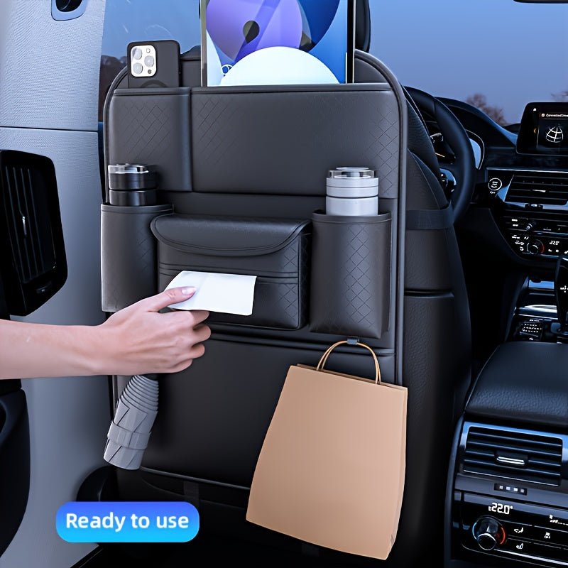 Car Seat Back Organizer – Large Capacity PU Leather Backseat Storage Bag | Multi-Compartment for Tablets, Laptops, Water Bottles | Universal Fit Cars Trucks SUVs