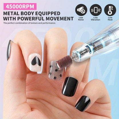 Electric Nail Drill Kit 45000 RPM LCD Display USB Rechargeable Portable E-File Acrylic Gel Removal Polishing Forward Reverse Low Noise Home Salon Manicure Pedicure Gradient Grey White