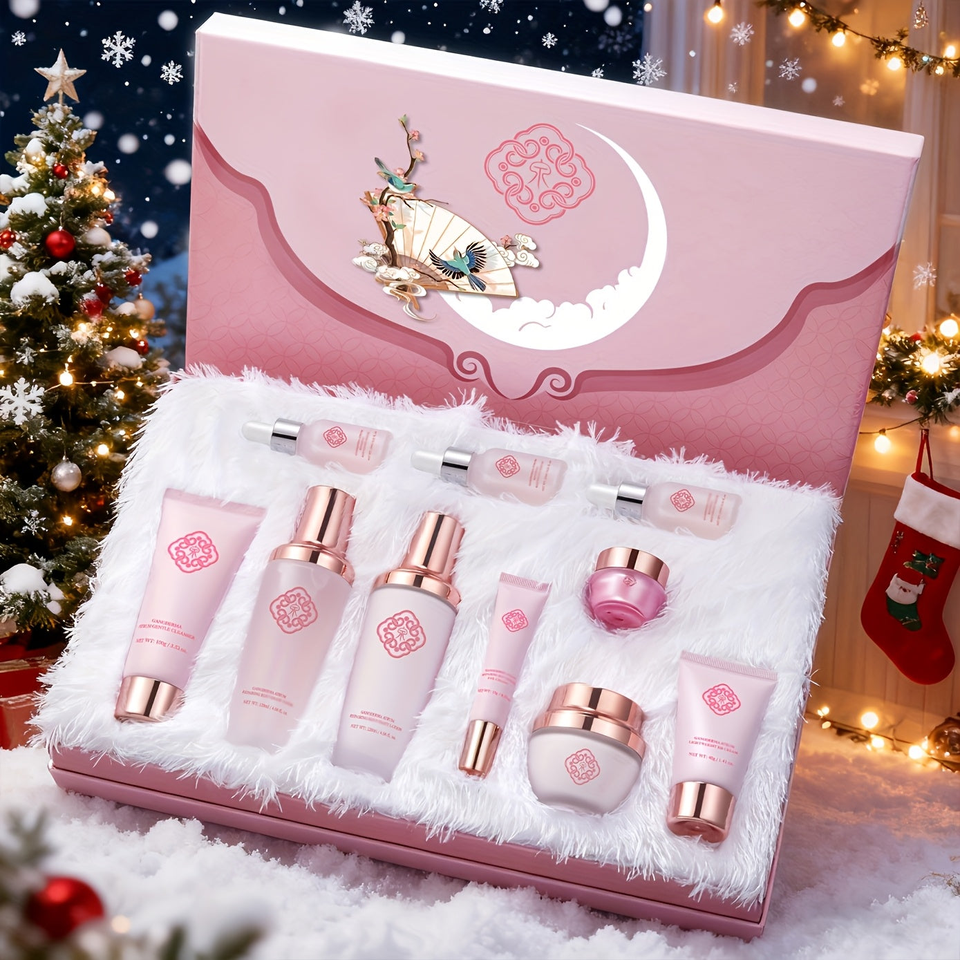 Reishi Mushroom Skincare Set 10pcs Luxury Gift Box for Women - Ganoderma Lucidum Extract Firming Anti-Aging Moisturizing Skin Care Kit All Skin Types, Thanksgiving Christmas Birthday Gift