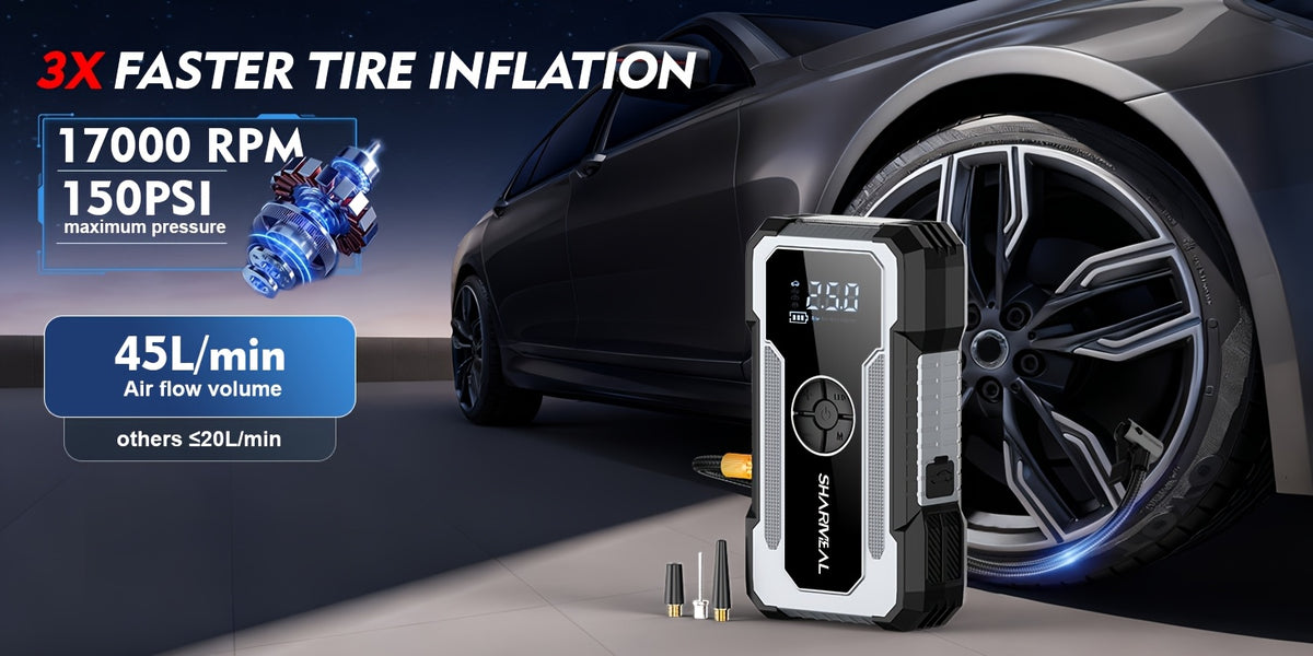 SHARMEAL 16000/20000A 17-in-1 Portable Jump Starter With Air Compressor, Jump Starter For Car, Multi-Function Power Pack With Tire Inflator, LED Light & Power Bank, For 12V Vehicles (All Gas & Diesel Engines), Cars, Trucks, SUVs, RVs & Motorcycles