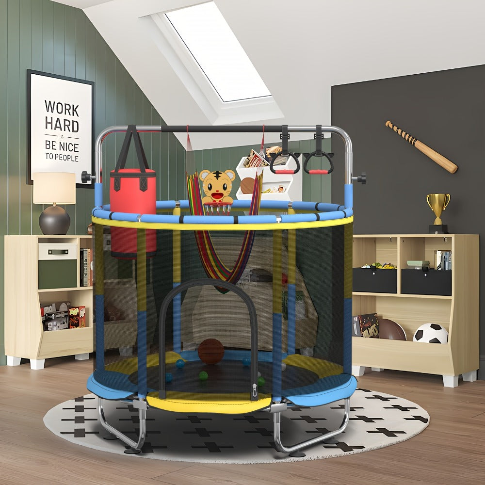 60 Inch Trampoline with Enclosure and Gymnastics Bar – 440 Lbs Capacity Height Adjustable Indoor Outdoor Round Trampoline with Toys for Kids | Best Birthday Gift for Boys and Girls