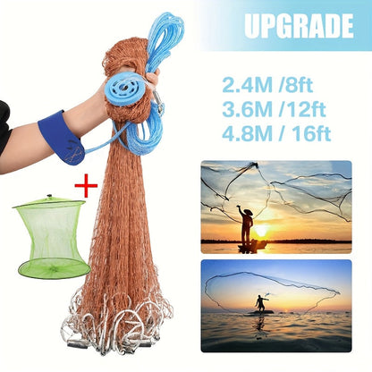 Saltwater Casting Net Set with Fish Basket – 12-Foot Diameter, 0.12" Mesh, Heavy-Duty Zinc-Plated Lead Sinkers for Rapid Sinking – American-Style Fishing Net Ideal for Pier, Beach & Surf Fishing