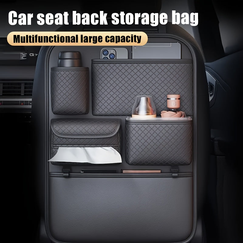 1pc Brand New 2025 Faux Leather Car Seat Back Organizer Bag Featuring a Diamond Design - Multi-Tier Storage for Bottles, Tablets, Laptops, And Additions, Black, Universal | Chic Car Organizer Bag | Faux Leather Car Bag