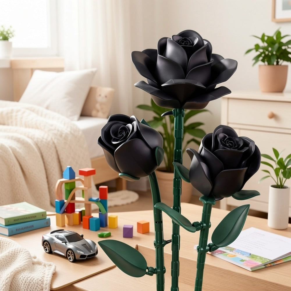 Black Rose Building Blocks Set 152 Pieces – 3 Gothic Artificial Flower Bouquet Brick Model Kit for Adults Teens, Unique Display Decor Gift for Valentine Birthday Anniversary Halloween Christmas